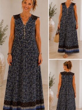 Mudo Collection Sleeveless Navy Paisley Maxi Dress with Brown Border